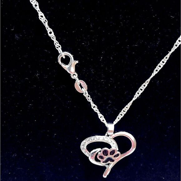 DOG HEART PAW CHARM WITH CRYSTAL ACCENTS FOR PET LOVER SILVER 925 CHAIN NECKLACE - Picture 4 of 5